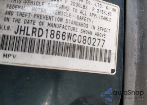 1998 Honda Cr-V Ex z USA, uszkodzony, nr VIN JHLRD1866WC080277